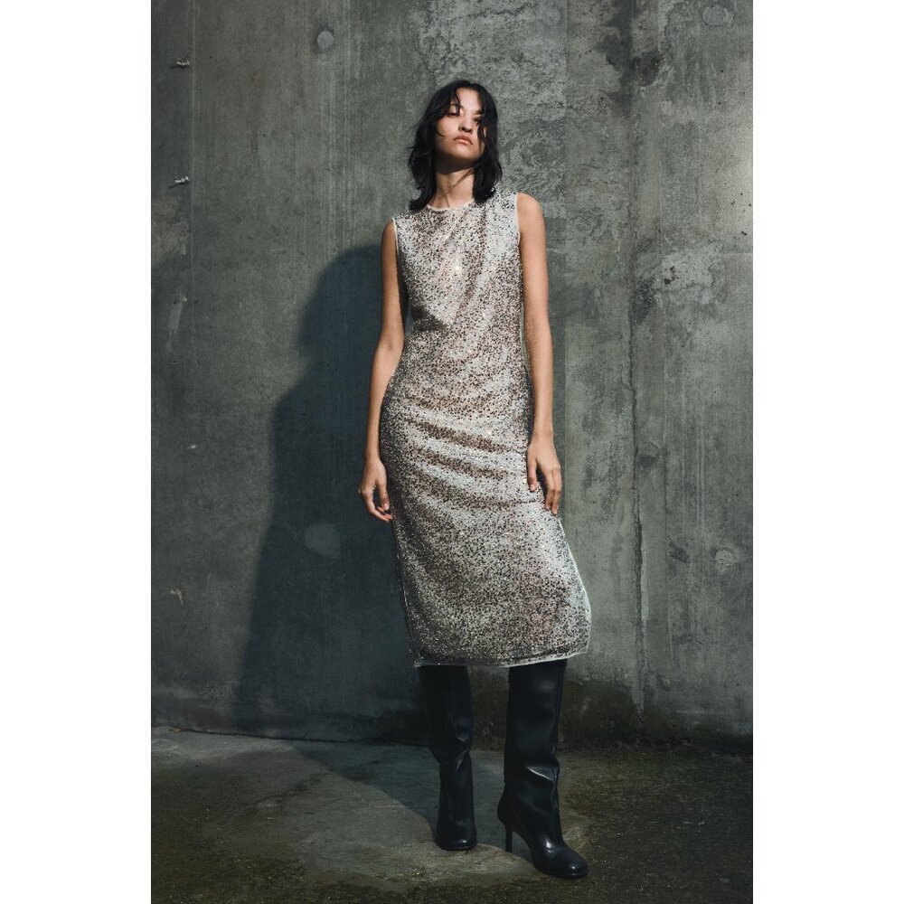 NWT Zara silver sequin applique midi dress, XS